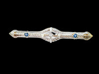 14K Gold, Platinum Diamond and Sapphire Antique Bar Brooch Pin