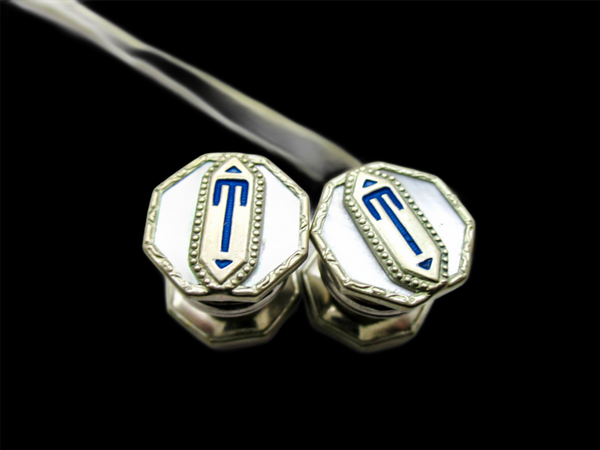 Kum-a-Part Cuff Links, Silver with Blue Enamel Letter T